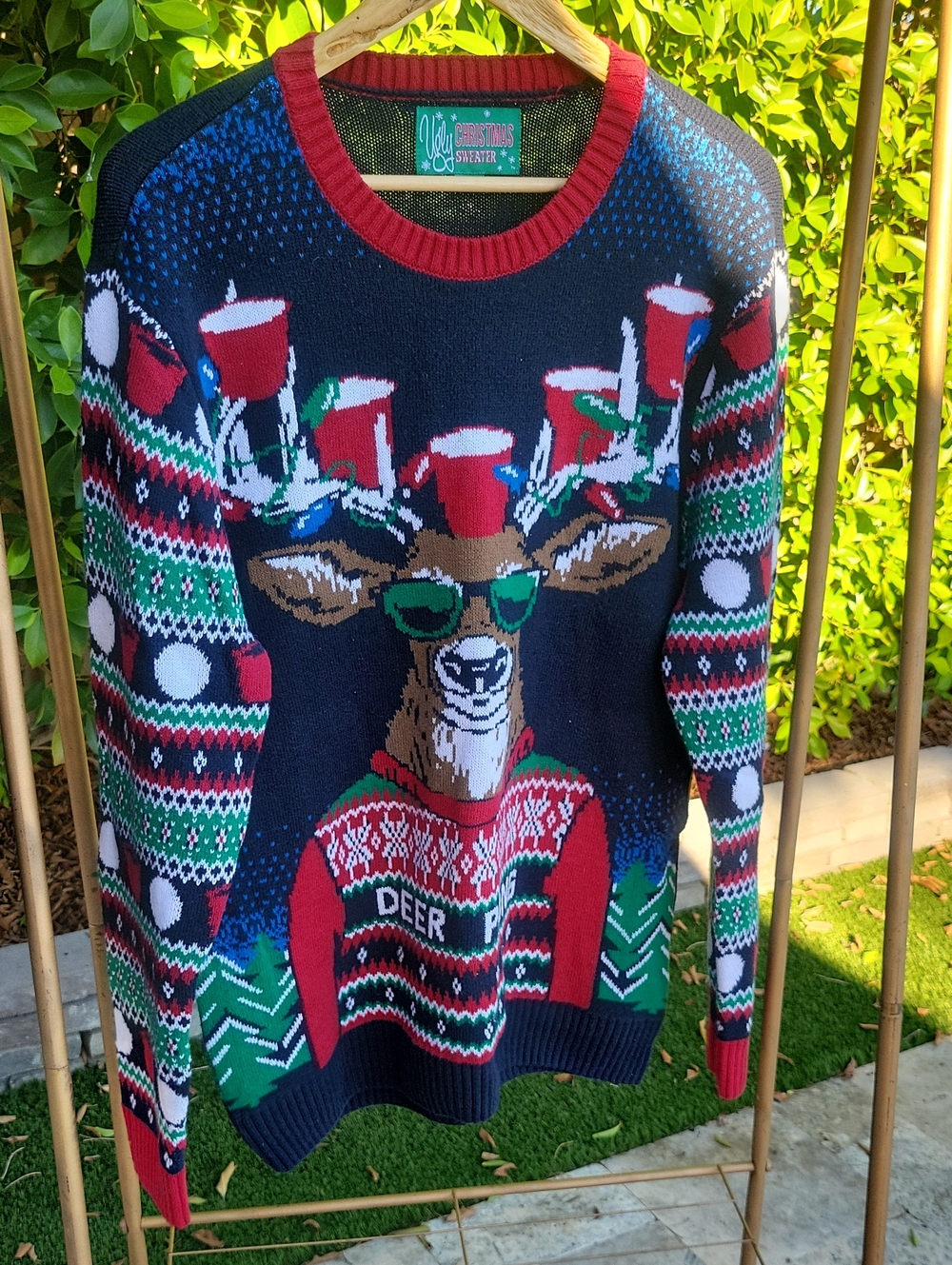 Ugly Christmas Sweater Deer Pong Crewneck - Red, Green, and Blue